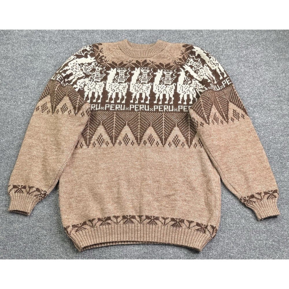 Peru Llama alpaca wool Knit Sweater Men's L Brown Fair Isle Pullover Vintage